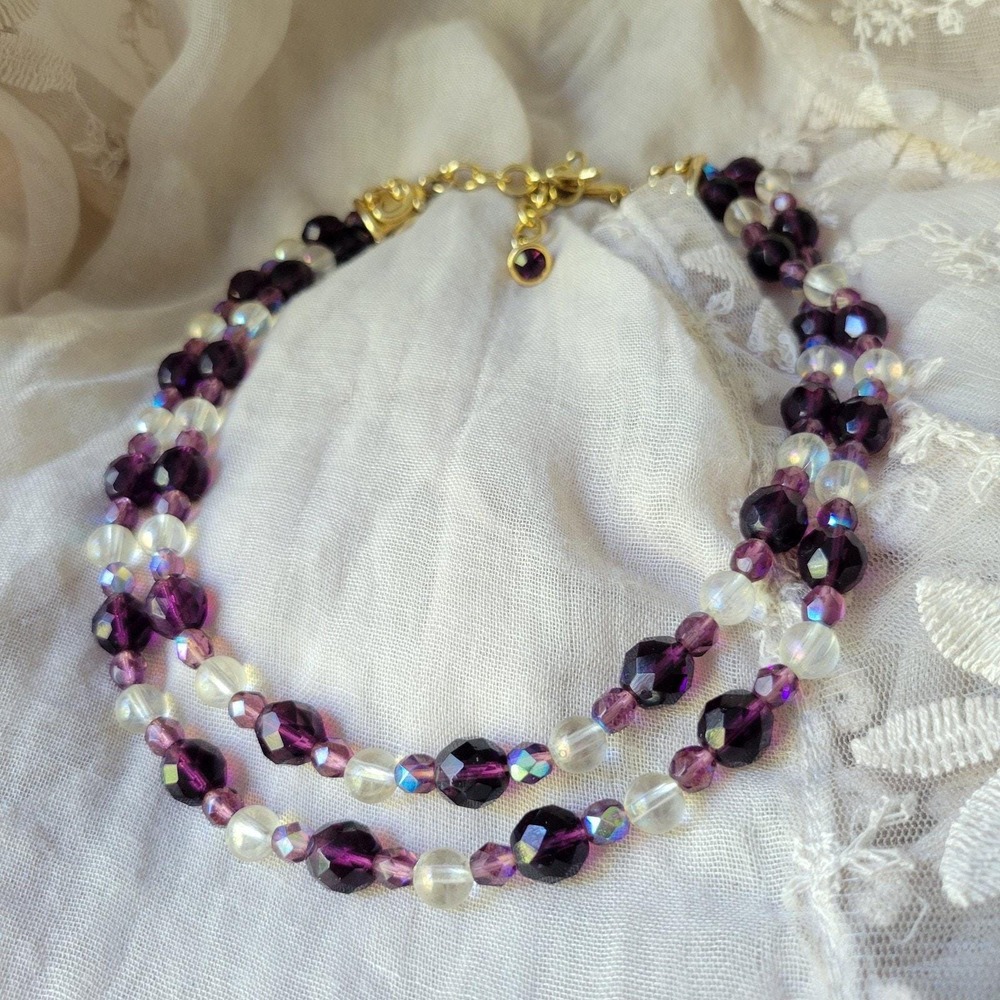 Vintage 90s purple AB clear glass bead double-strand neckace‎ ornate hook clasp
